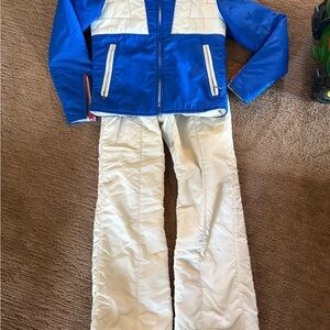 Vintage ladies small ski outfit   Blue & white womens size skiing pants coat